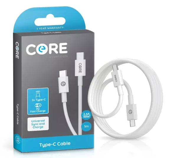 Core Essential USB C to USB C Charger Cable For USB C Devices - Fast charge